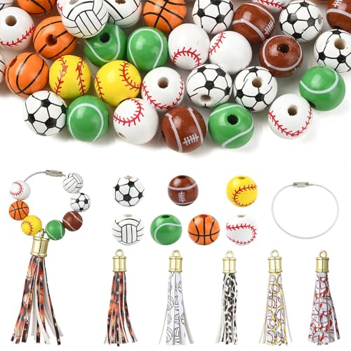 UR URLIFEHALL 56 Stück Holzperlen mit Quaste, rund, Fußball, Basketball, Volleyball, Perlen für Schmuckherstellung, Schlüsselanhänger, Handwerk von UR URLIFEHALL