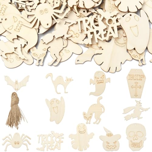UR URLIFEHALL 60 Stück zufällige Halloween-Holzausschnitte, unlackiert, Katze, Geist, Fledermaus, Totenkopf, Holzscheiben mit Seil, für Heimwerker, Heimkunst, Bastelprojekte, Dekoration UR URLIFEHALL 60 Stück zufällige Halloween-Holzausschnitte, unlackiert, Katze, Geist, Fledermaus, Totenkopf, Holzscheiben mit Seil, für Heimwerker, Heimkunst, Bastelprojekte, Dekoration von UR URLIFEHALL