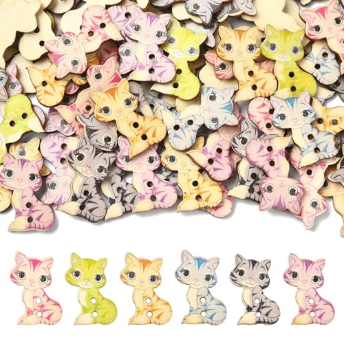 UR URLIFEHALL Bedruckte Holzknöpfe in Katzenform, 2 Löcher, Kätzchen-Knöpfe zum Nähen, Basteln, Stricken, Häkeln, Kleidung, Tasche, Dekoration, 100 Stück von UR URLIFEHALL
