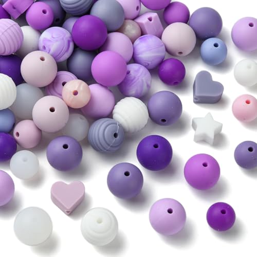 UR URLIFEHALL Violette Silikonperlen, rund, Stern, Herz, Silikonperlen, für Perlstifte, Schmuckherstellung, Handwerk, Schlüsselanhänger, 100 Stück von UR URLIFEHALL