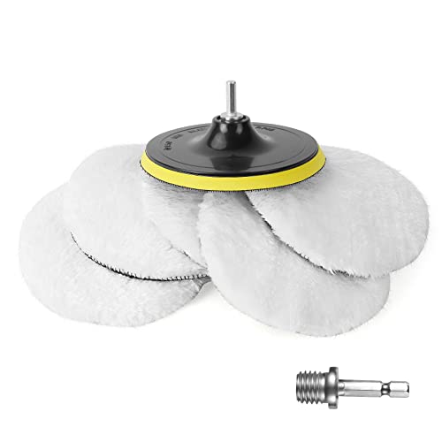 URAQT Auto Polierhaube,5 Stück ø 150mm Polierpads Wolle Polierteller Set Wollpuffer Polierhauben Mit Einem 6 Winkel Griff Polierfell Pad Polierhaube Polierschwamm Für M10 M14 Bohrer Adapter von URAQT