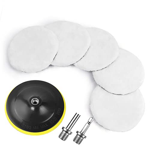 URAQT Auto Polierhaube,5 Stück ø 180mm Polierpads Wolle Polierteller Set Wollpuffer Polierhauben Mit Einem 6 Winkel Griff Polierfell Pad Polierhaube Polierschwamm Für M10 M14 Bohrer Adapter von URAQT