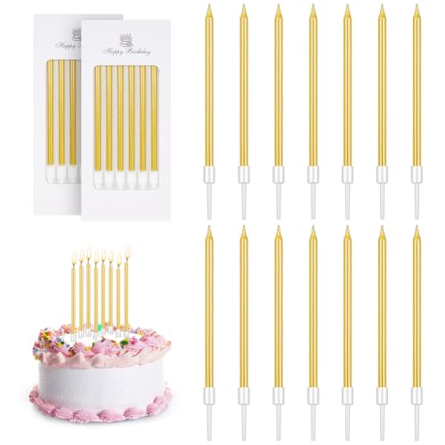 URAQT Geburtstagskerzen Kuchen, 12 Stück Lange Geburtstagskerzen mit Haltern für Kinder & Erwachsene, Dekorative Geburtstagstorte, Hochzeitsparty, Abschlussfeier (Gold) von URAQT
