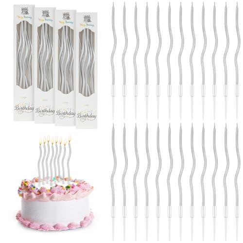 URAQT Geburtstagskerzen Kuchen, 24 Ripple-Geburtstagskerzen mit Ständer, für Kinder & Erwachsene, Dekorative Geburtstagstorte, Hochzeitsparty, Abschlussfeier(Silber) von URAQT