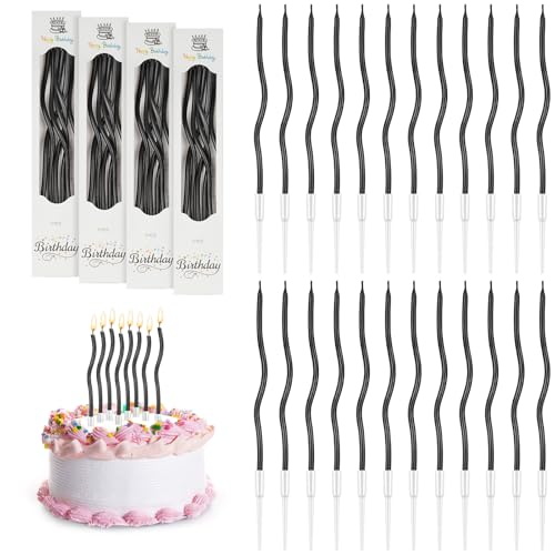 URAQT Geburtstagskerzen Kuchen, 24 Ripple-Geburtstagskerzen mit Ständer, für Kinder & Erwachsene, Dekorative Geburtstagstorte, Hochzeitsparty, Abschlussfeier (Schwarz) von URAQT