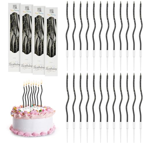 URAQT Geburtstagskerzen Kuchen, 24 Ripple-Geburtstagskerzen mit Ständer, für Kinder & Erwachsene, Dekorative Geburtstagstorte, Hochzeitsparty, Abschlussfeier (Schwarz Golddekor) von URAQT