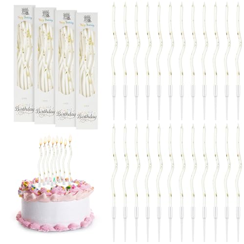 URAQT Geburtstagskerzen Kuchen, 24 Ripple-Geburtstagskerzen mit Ständer, für Kinder & Erwachsene, Dekorative Geburtstagstorte, Hochzeitsparty, Abschlussfeier (Weiß Golddekor) von URAQT