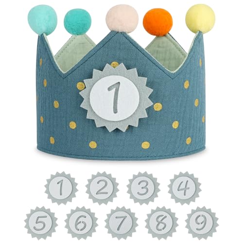 URAQT Geburtstagskrone Kinder, Geburtstagskrone Stoff, Geburtstag Kinderkrone, Krone Geburtstag für Jungs Mädchen mit Happy Birthday Spruchband und Auswechselbaren Zahlen von 1-9 (Dots - Blau) von URAQT