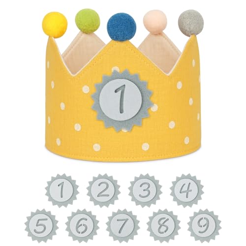 URAQT Geburtstagskrone Kinder, Geburtstagskrone Stoff, Geburtstag Kinderkrone, Krone Geburtstag für Jungs Mädchen mit Happy Birthday Spruchband und Auswechselbaren Zahlen von 1-9 (Dots - Gelb) von URAQT