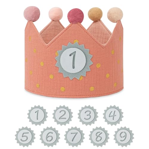 URAQT Geburtstagskrone Kinder, Geburtstagskrone Stoff, Geburtstag Kinderkrone, Krone Geburtstag für Jungs Mädchen mit Happy Birthday Spruchband und Auswechselbaren Zahlen von 1-9 (Dots - Rosa) von URAQT