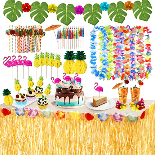 URBZUE Hawaii Party Dekoration Set, 97PCS Tropische Party Dekoration Set, Hawaii Luau Tischröcke, Girlanden, Palmblätter, Ananas Flamingo Regenschirm Obst Stroh Kombition zum Grillen, Gartensommer von URBZUE