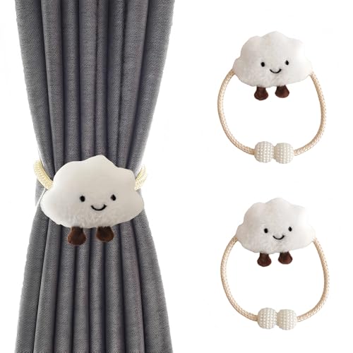 Niedlicher Wolken-Vorhanghalter, 2 Stück, Dekorative Raffhalter für Gardinen, Plüsch-Design mit Perlendetails, 50 cm Länge, Beige Kordel von URCHUZE