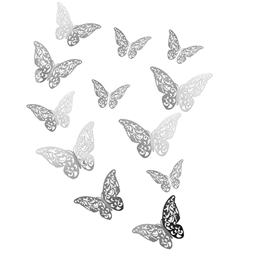 3D Schmetterling Deko Wand Wandsticker 12 Stück DIY Abnehmbare Schmetterling Aufkleber Hohle Wandtattoos Art Wandaufkleber für Wohnzimmer, Kinderzimmer, Zuhause, Hochzeit, Party Dekoration (Silber) von URFEDA