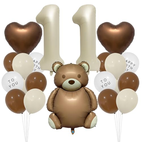 URFEDA Geburtstagsdeko 11 Jahre Jungen Mädchen,Herz Luftballon Bär Deko Kindergeburtstag, Bär Geburtstag Dekoration,Creme,Beige Braun Folienballon 11 Jahre für Jungen Mädchen Party Dekoration von URFEDA