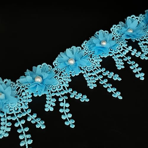 Band mit weißen Perlen, 91 cm, Blumenapplikationen, bestickter Spitzenstoff, Nähspitze für Hochzeit, Brautkleid, Kleidung, Kostüm, Hut, Dekoration (blau, 91 cm) von URIMPAVIDO