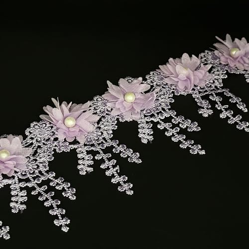 Band mit weißen Perlen, 91 cm, Blumenapplikationen, bestickter Spitzenstoff, Nähspitze für Hochzeit, Brautkleid, Kleidung, Kostüm, Hut, Dekoration (lila, 91 cm) von URIMPAVIDO