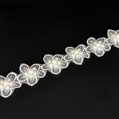 Spitzenband im Vintage-Stil, Blume mit weißen Perlen, Spitzenrand, Stoff, bestickt, Applikation, Nähspitze für Hochzeit, Brautkleid, Kostüm, Kleidung, Hutdekoration (weiß, 91 cm) von URIMPAVIDO