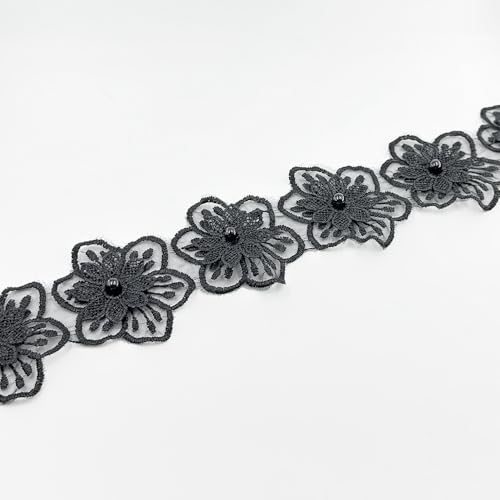 Spitzenband mit Blumenperlen, Spitzenbesatz, bestickt, für Hochzeitskleid, Brautschmuck, Kopfschmuck, Dekoration, DIY, handgemachtes Nähen, Bastelzubehör (schwarz), 2 Meter von URIMPAVIDO