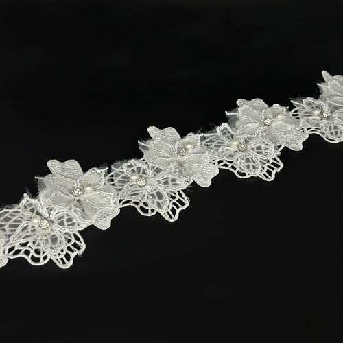 Spitzenband mit Perlen, Blumenverzierung, bestickt, Nähen, Spitzenstoff für Hochzeit, Brautkleid, Kleidung, Kostüm, Hut, Dekoration (weiß, 91 cm) von URIMPAVIDO