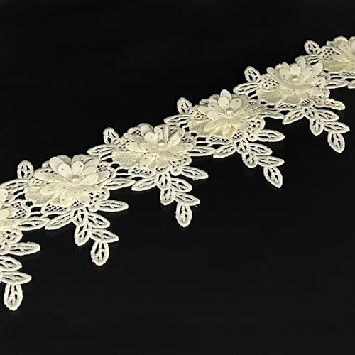 Spitzenband mit weißen Blumen, Perlen, Spitzenrand, Blumenapplikationen, bestickter Stoff, Nähspitze für Hochzeit, Brautkleid, Kleidung, Kostüm, Hut, Dekoration, Aprikose, 91 cm von URIMPAVIDO