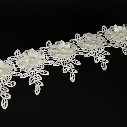 Spitzenband mit weißen Blumen, Perlen, Spitzenrand, Blumenapplikationen, bestickter Stoff, Nähspitze für Hochzeit, Brautkleid, Kleidung, Kostüm, Hut, Dekoration (Weiß, 2 Yard) von URIMPAVIDO