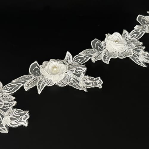 Spitzenband mit weißen Perlen, Vintage-Blume, 91 cm, Blumenstoff, bestickte Applikation, Nähhandwerk für Hochzeitskleid, Kleidung, Dekoration, DIY, handgefertigtes Nähzubehör (weiß, 91 cm) von URIMPAVIDO