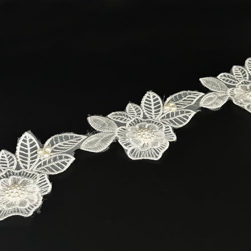 Spitzenband mit weißen Perlen, Vintage-Blume, 91 cm, Spitzenstoff für Hochzeitskleid, Kleidung, Kostüm, Hut, Party-Dekoration (weißes Muster, 91 cm, 91 cm) von URIMPAVIDO
