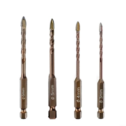 URPIZY Bohrerspitzen-Set Für Glas Und Fliesen, 4-teilig, Sechskantschaft, Spiralbohrer, 3Mm 4Mm 5Mm 6Mm, Kreuzschliff, Wandbohrer Für Beton Und Ziegel von URPIZY