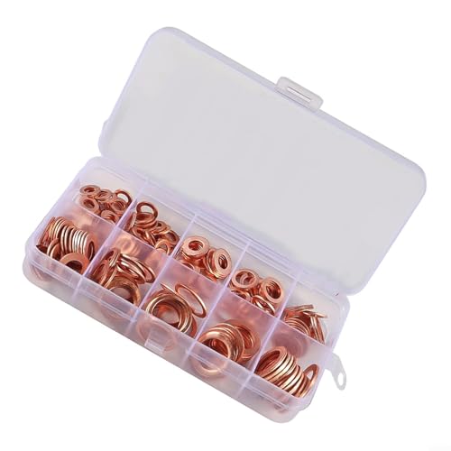 URPIZY Kupfer Unterlegscheiben Set M4-M14 Flache Dichtungsringe Sortiment 120 Stück Dichtscheiben für Industrielle Anwendungen mit Aufbewahrungsbox(120pcs) von URPIZY