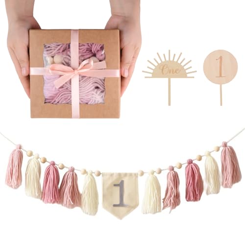 URROMA 1 x Banner zum 1. Geburtstag, Hochstuhl-Banner, Boho-Hochstuhl, Stoffgirlande, rosa, Wandbehang für die erste Geburtstagsparty von URROMA