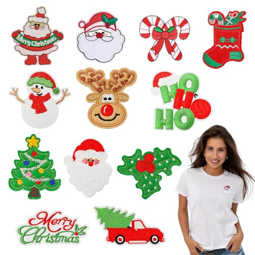 URROMA 12 bestickte Weihnachtsflicken zum Aufbügeln, Weihnachtsbaum, Weihnachtsmann, Rentier, Applikation, zum Aufnähen auf Jacken, Hüte, Rucksäcke, DIY-Zubehör von URROMA