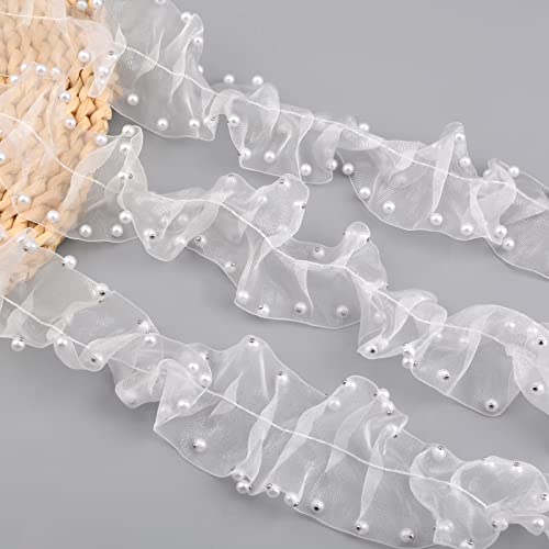 URROMA 2 Meter weiße Perlenblume bestickt, Perlenbesatz, weiße Polyester-Netz-Spitzenapplikation für Hochzeit, Brautschärpen, Gürtelkleid von URROMA