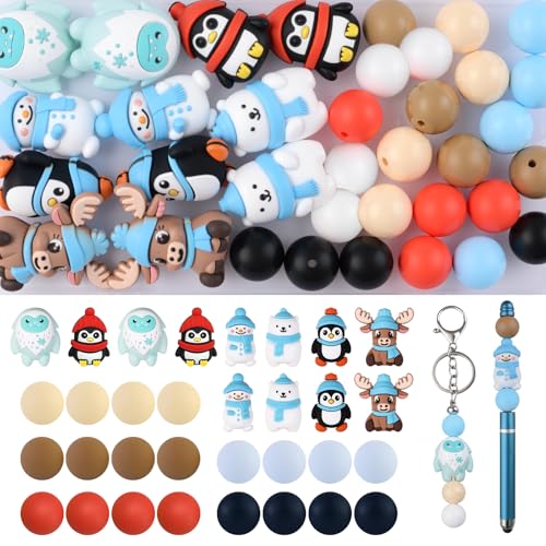 URROMA 35 Stück Winter-Silikonperlen, Weihnachts-Schneemann, wasserdichte Fokal-Perlen für Armband, Basteln, für Schmuck, Halsketten, Ohrringe, Stifte, DIY-Zubehör von URROMA