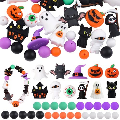 URROMA 36 Stück Halloween DIY Silikon Perlen, Horror Bulk 3D Perlen enthalten Kürbis Geist, Halloween DIY Geschenk für Armband Stift Halskette von URROMA