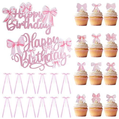 URROMA 38-teiliges Tortenaufsätze, rosa Schleife, dekoratives Set, Happy Birthday-Kuchenaufsatz, glitzernde Kuchenspieße für Geburtstagsparty, Schleifendekoration URROMA 38-teiliges Tortenaufsätze, rosa Schleife, dekoratives Set, Happy Birthday-Kuchenaufsatz, glitzernde Kuchenspieße für Geburtstagsparty, Schleifendekoration von URROMA
