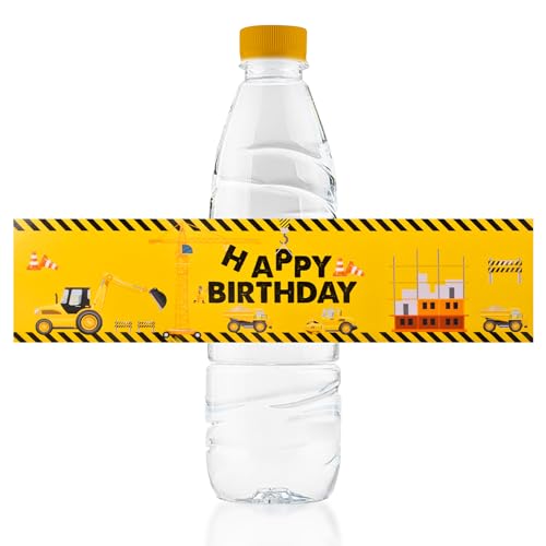 URROMA 50 Stück Engineering-Fahrzeug-Muster-Wasserflaschen-Etiketten, gelb, Happy Birthday, selbstklebende Flaschenaufkleber für Partys und Geburtstage von URROMA