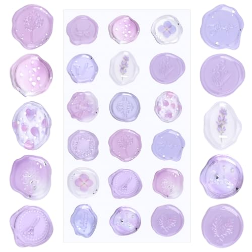 URROMA Transparente Wachssiegel-Aufkleber, 54 St點k, transparentes Acryl, Hellviolett, florales Thema, strahlend, selbstklebend, f黵 Umschl鋑e, Geschenkverpackungen, Scrapbooking von URROMA