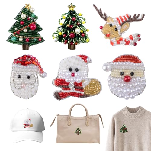 URROMA 6 x Weihnachts-Perlen-Patches für Kleidung, Weihnachtsbaum-Applikationen, Rentier-Applikation, Weihnachtsmann-Brosche, zum Aufnähen, für Jacken, Jeans, Taschen, DIY-Dekoration von URROMA