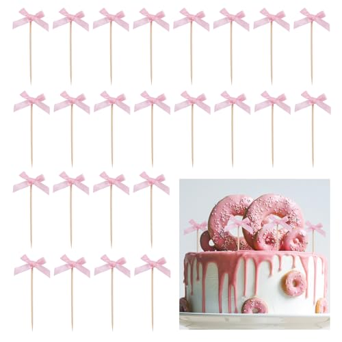 URROMA 60 Kuchendekorationen mit rosa Schleife, Dekoration für Geburtstagstorten, für Cupcakes, Zubehör für Party, Thema, Dessert, Brot, Eis, Obst, Kekse von URROMA