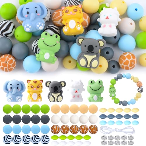 URROMA 76 Stück 3D-Cartoon-Tier-Silikonperlen, Großpackung, Bunte Fokusperlen, lose, unregelmäßige und runde Abstandshalter-Perlen für DIY-Stifte, Armbänder, Schlüsselanhänger, Basteln von URROMA