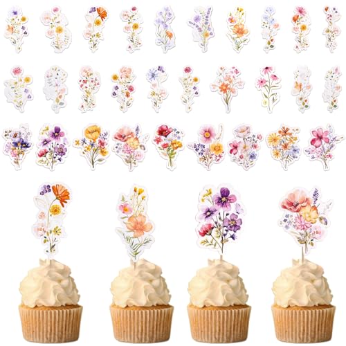 URROMA 96 Stück Kuchendekorationen zum Thema Wildblumen, Blumendekorationen für Cupcakes, Geburtstag, Auswahl von Cupcakes zum Thema Wildblumen, Dekoration von URROMA