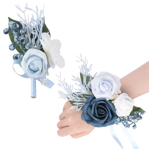 URROMA Ansteckblume mit blauen Rosen, für Handgelenk, Blume, künstliche Handgelenk-Ansteckblume für Braut, Hochzeit, Party oder Abschlussbälle, 2 Stück URROMA Ansteckblume mit blauen Rosen, für Handgelenk, Blume, künstliche Handgelenk-Ansteckblume für Braut, Hochzeit, Party oder Abschlussbälle, 2 Stück von URROMA