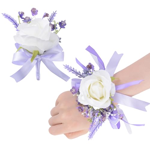 URROMA Ansteckblume mit violettem Band, weiße Rose, für Handgelenk, Blume, künstliche Handgelenk-Ansteckblume für Braut, Hochzeit, Party oder Abschlussball URROMA Ansteckblume mit violettem Band, weiße Rose, für Handgelenk, Blume, künstliche Handgelenk-Ansteckblume für Braut, Hochzeit, Party oder Abschlussball von URROMA