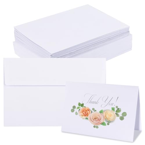 URROMA Aquarellkarten mit Umschlägen, blanko, faltbar, weiße Umschläge, reine Baumwolle, Postkarte für Hochzeitseinladungen, Grußkarten, Dankeskarten, 50 Stück von URROMA