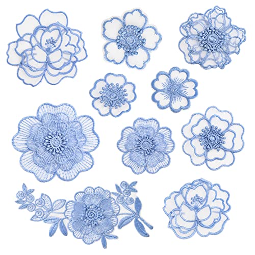 URROMA Blaue Spitzen-Blumenstickerei-Applikation, Aufnäher Patches, 10 Stück Organza-Blumenbesatz, zum Aufnähen für Hochzeit, Brautkleid, DIY, Nähen, Handwerk, Kleidung, Haarschmuck von URROMA