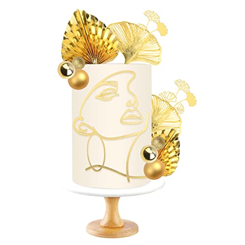 URROMA Boho Gold Geburtstag Kuchen Dekoration, Boho Fan Cake Toppers Ball Face Ginkgo Blätter für goldene Cupcake Topper Bohemian Hochzeit Braut Baby Shower Party Dekor von URROMA