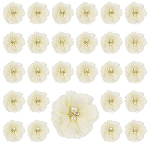 URROMA Chiffon Stoff Blumen für Handwerk, 30 Pcs Beige Perle Blume Applikationen für Kleidung Nähen auf Stoff Blumen für Stirnbänder DIY Handwerk Zubehör von URROMA