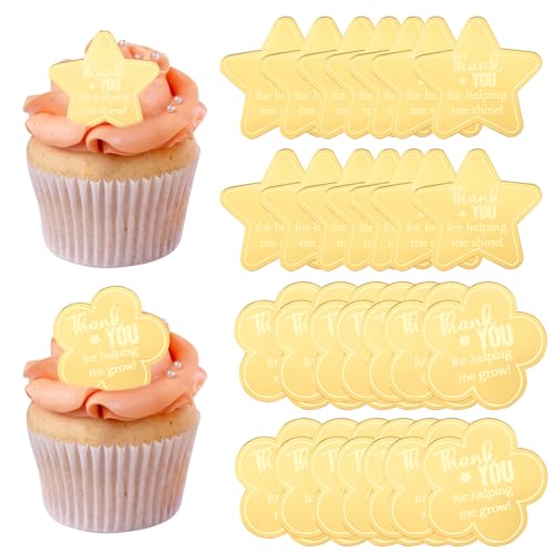URROMA Cupcake-Aufsätze, 30 Stück, goldfarben, verspiegelt, Sterne, Blumenform, Acryl, Kuchenspieße, Cupcake-Scheiben, Dekoration, Dessert, Eiscreme, Zubehör von URROMA