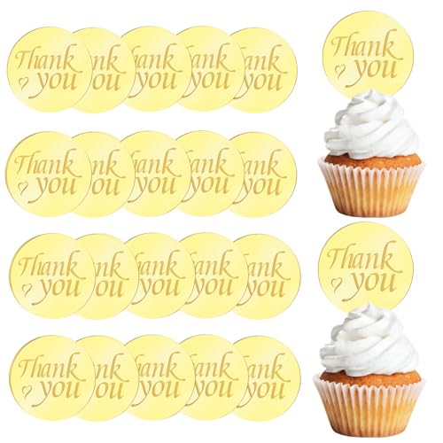 URROMA Cupcake-Aufsätze, Motiv: Goldener Spiegel, mit Aufschrift "Thank You", Acryl, rund, mit Gravur, personalisierbar, 20 Stück URROMA Cupcake-Aufsätze, Motiv: Goldener Spiegel, mit Aufschrift "Thank You", Acryl, rund, mit Gravur, personalisierbar, 20 Stück von URROMA