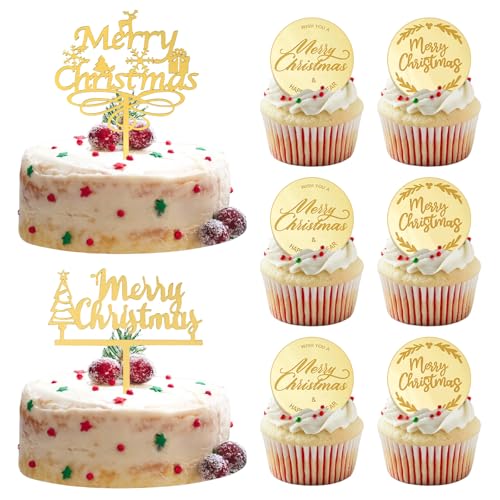 URROMA Cupcake-Aufsätze mit Aufschrift "Merry Christmas", 2 Stück große und 24 Stück kleine goldene Acryl-Kuchenspieße, Weihnachts-Kuchenaufsätze für Party, DIY-Dekoration, Zubehör (verschiedene Stile URROMA Cupcake-Aufsätze mit Aufschrift "Merry Christmas", 2 Stück große und 24 Stück kleine goldene Acryl-Kuchenspieße, Weihnachts-Kuchenaufsätze für Party, DIY-Dekoration, Zubehör (verschiedene Stile von URROMA